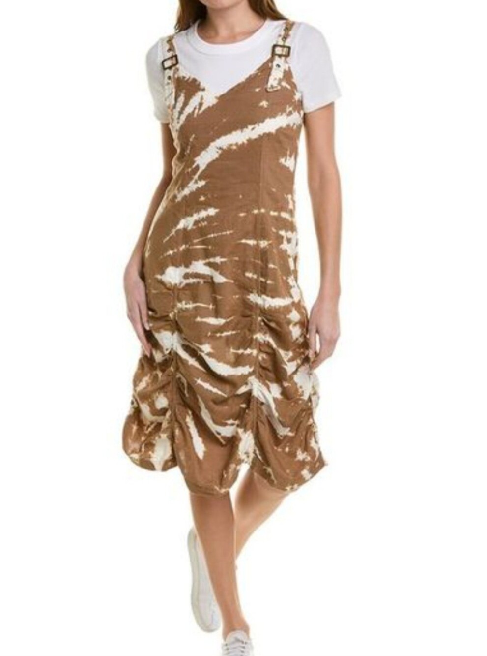 Brown and Cream Tie-Dye Midi Dress with Buckle Straps